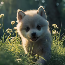 a small white puppy walking on grass