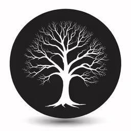 the white tree with its leaves and branches on a black circle