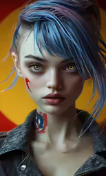 the head of a model with blue and red hair