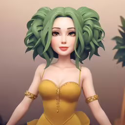 a girl wearing a yellow dress, with green hair