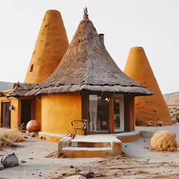 small desert building with stairs leading to the entrance