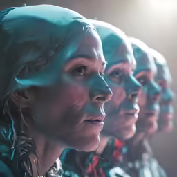 four women are standing in line and wearing plastic masks