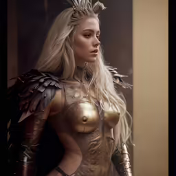 the young woman has long hair and is dressed in gold