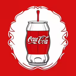 the can has been made into a badge,a red coca cola poster with a big bottle,an image of the red coke,a red glass filled with a drink,a glass of red liquid with a straw sitting on top of it