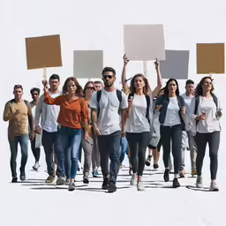 a group of people holding signs walking together