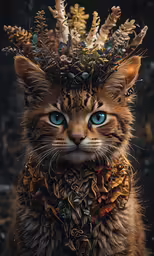 a cat with blue eyes and decorations on its head