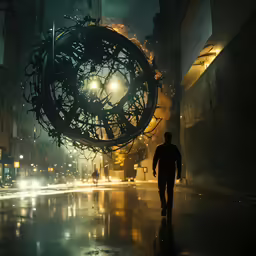 a man walking towards an artwork piece
