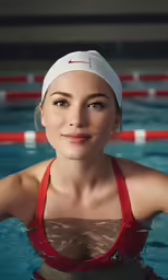 a female swimmer is smiling and looking at the camera