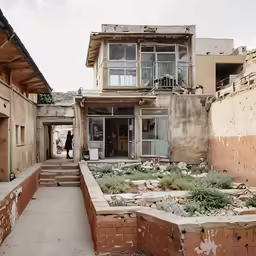 this is an old building with plants growing out of the courtyard