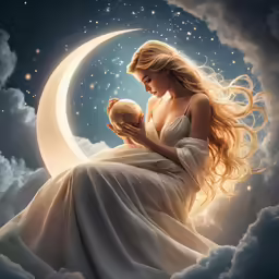 an image of a woman sitting on the moon holding a kitten