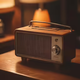 an old stereo sits on a table with one side opened and the other side closed