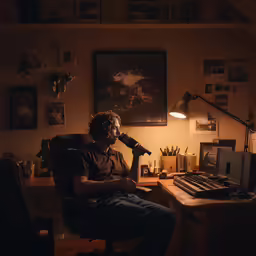 man sitting in an armchair while holding a microphone