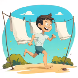 a boy running in front of laundry hanging by a rope
