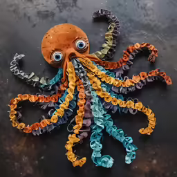 a octopus made from colored pasta sits on a surface