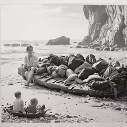 a mother and her children setting up an open raft on the beach