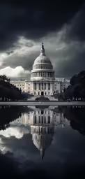a view of the white house from across the water with the dome reflecting in the water