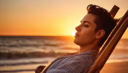 a person lying on a hammock looking at the sunset,a woman sitting on a beach holding a surfboard