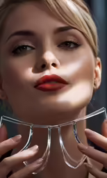 a woman with red lipstick holding a pair of metal scissors