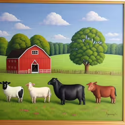 a painting of some animals in a field,there is an art piece with three animals in it