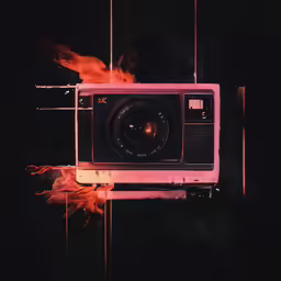 a fire burning around an old fashioned camera