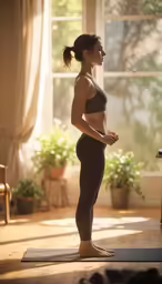 woman in the middle of yoga position with large window