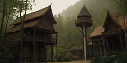 many buildings near a forest with fog