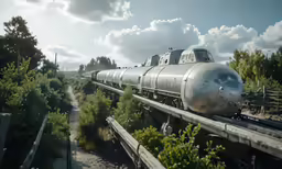 the train is driving on the track in the forest