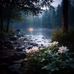 a stream with a road and a flower in the foreground