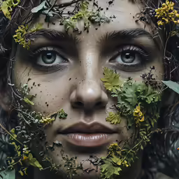 a woman that has flowers all over her face