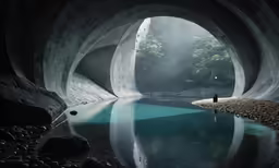 a person standing in a tunnel over water