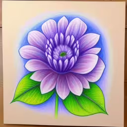 the large purple flower is painted on paper,there is a picture with a purple flower,an abstract flower is painted on a white canvas,picture of a large flower painted on a white card,a drawing of a purple flower and green leaves