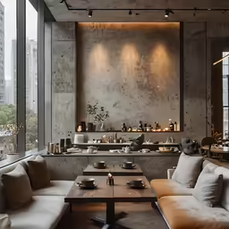 a living area with two couches and tables in front of windows