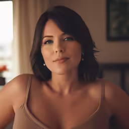 a woman wearing a bra is sitting in front of a window