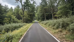 the road is empty and only some trees and grass