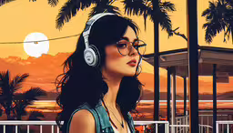 a woman with headphones wearing head phones,a girl with headphones is looking at the sunset