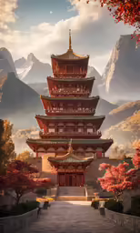 the pagoda tower is surrounded by mountains in autumn