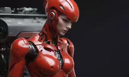 a girl in a robot suit next to a machine