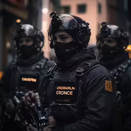 some police officers and some people in black gear