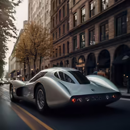 a silver sports car drives down a city street