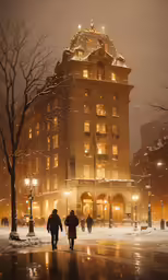 two people walking across the street at night