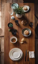 the table is set for an organized breakfast
