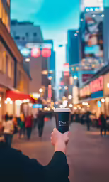 person holding up cup of coffee to take photo