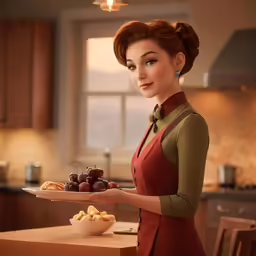 a woman in an old time kitchen holds a platter of food