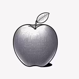 an apple that is black and white with a leaf on the side,a graphic drawing of a apple on a white background