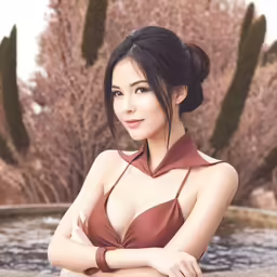 an asian woman is standing in front of a fountain