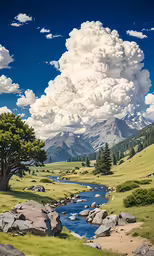 a landscape of rocky terrain with a mountain range and a stream beneath a cloudy sky