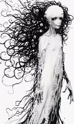 a drawing of a creature with large, circular hair and body