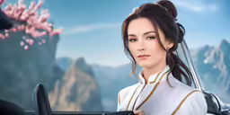 a beautiful woman with brown hair and wearing a white shirt in front of mountains