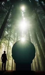 a person is standing in front of a statue with the sun shining through it