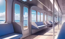 a train on a sunny day with some empty seats